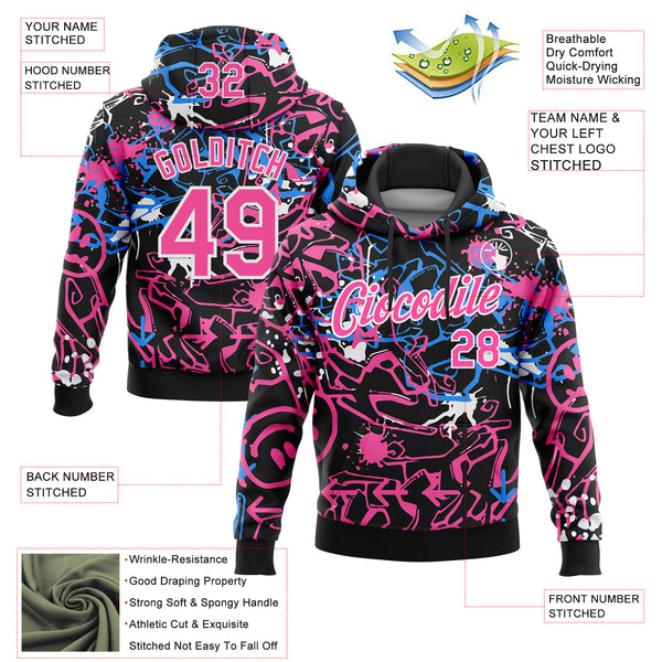 Custom Stitched Graffiti Pattern Pink-White 3D Abstract Grunge Art Sports Pullover Sweatshirt Hoodie