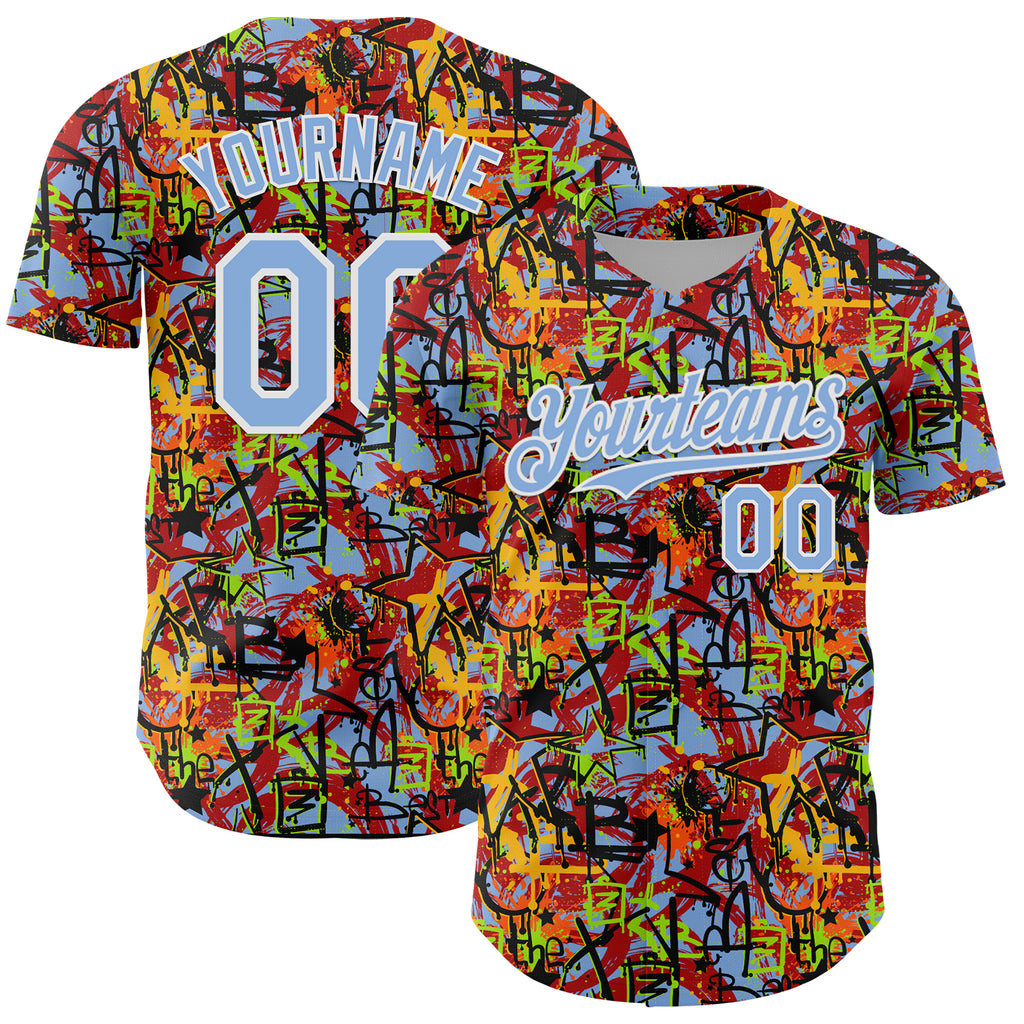 Custom Graffiti Pattern Light Blue-White Splatter Authentic Baseball Jersey
