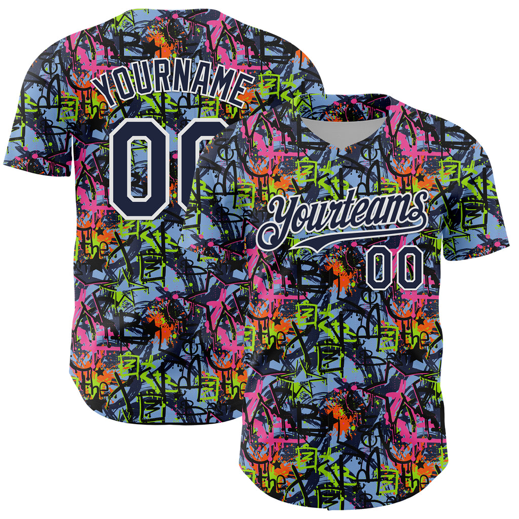 Custom Graffiti Pattern Navy-White Splatter Authentic Baseball Jersey