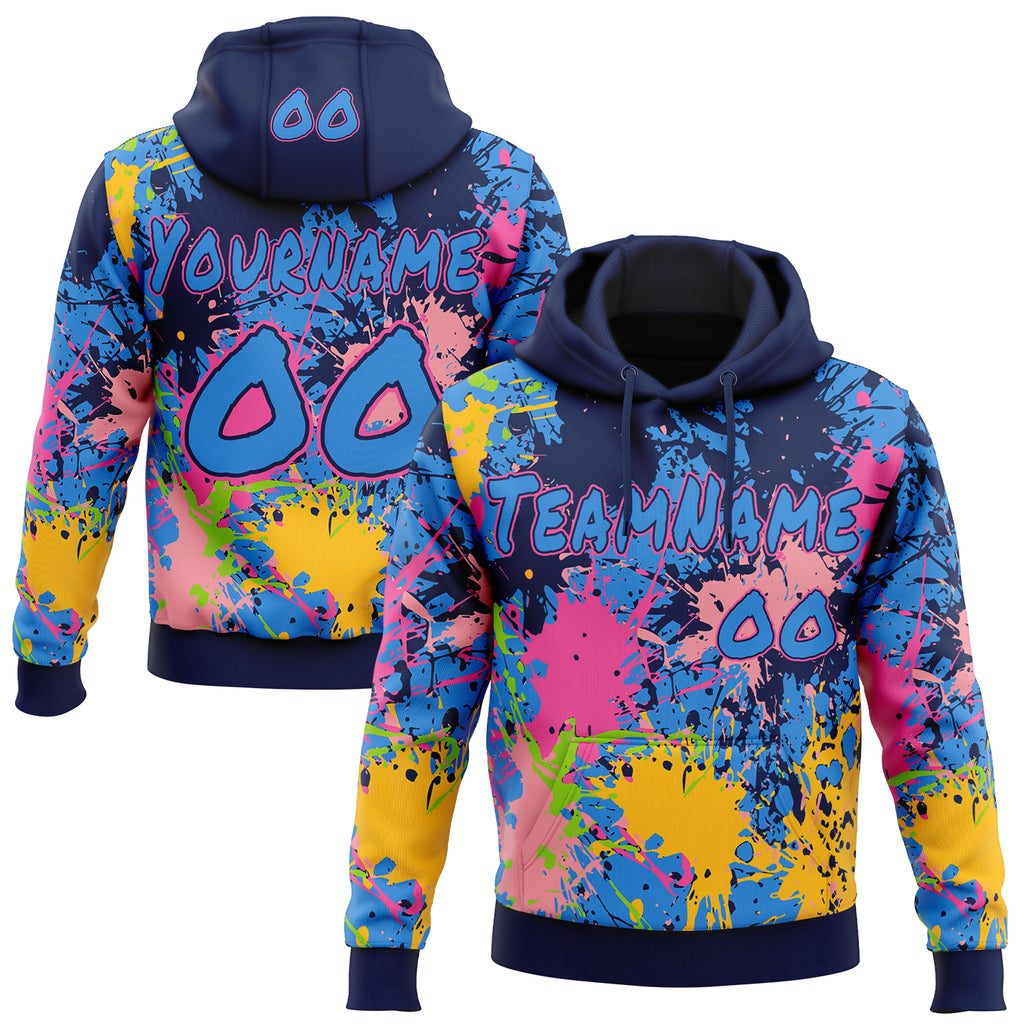 Custom Graffiti Pattern Powder Blue Navy-Pink Colorful Paint Splatter Pullover Sweatshirt Hoodie