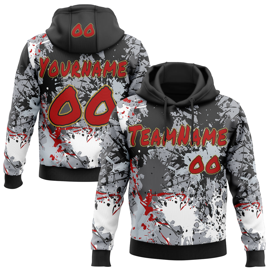 Custom Graffiti Pattern Red Black-Old Gold Paint Splatter Pullover Sweatshirt Hoodie