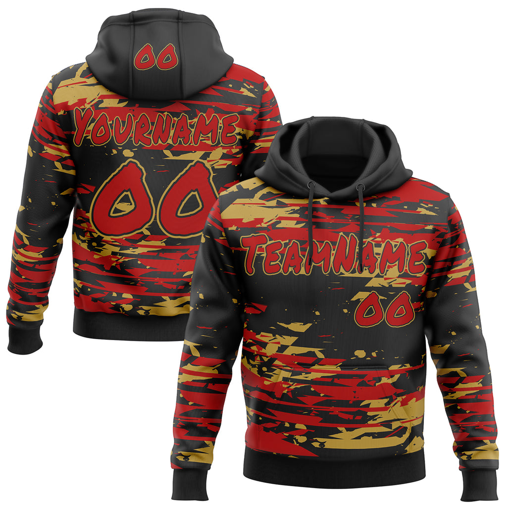 Custom Graffiti Pattern Red Black-Old Gold Brush Strokes Paint Splatter Pullover Sweatshirt Hoodie