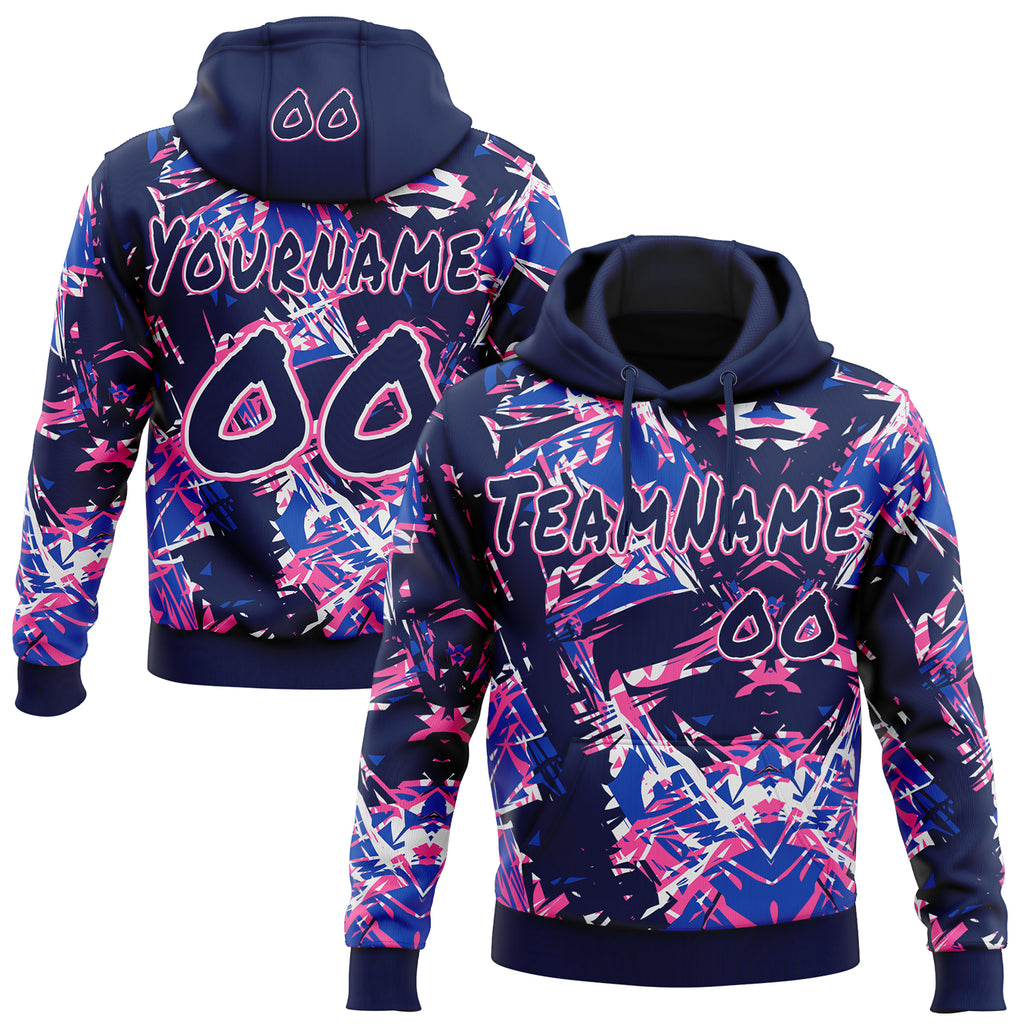 Custom Graffiti Pattern Navy White-Pink Geometric Shatter Scratch Splatter Pullover Sweatshirt Hoodie
