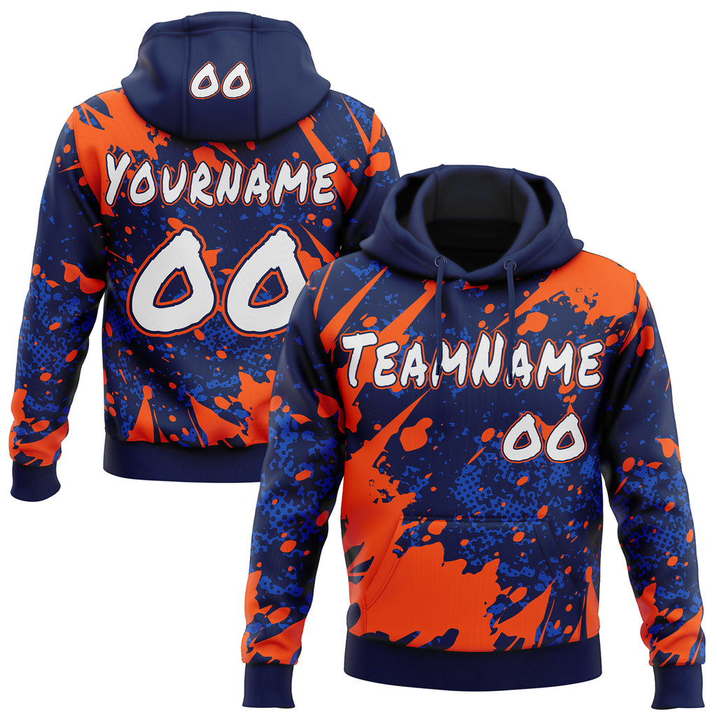 Custom Graffiti Pattern White Navy-Orange Paint Splatter Halftone Dots Pullover Sweatshirt Hoodie