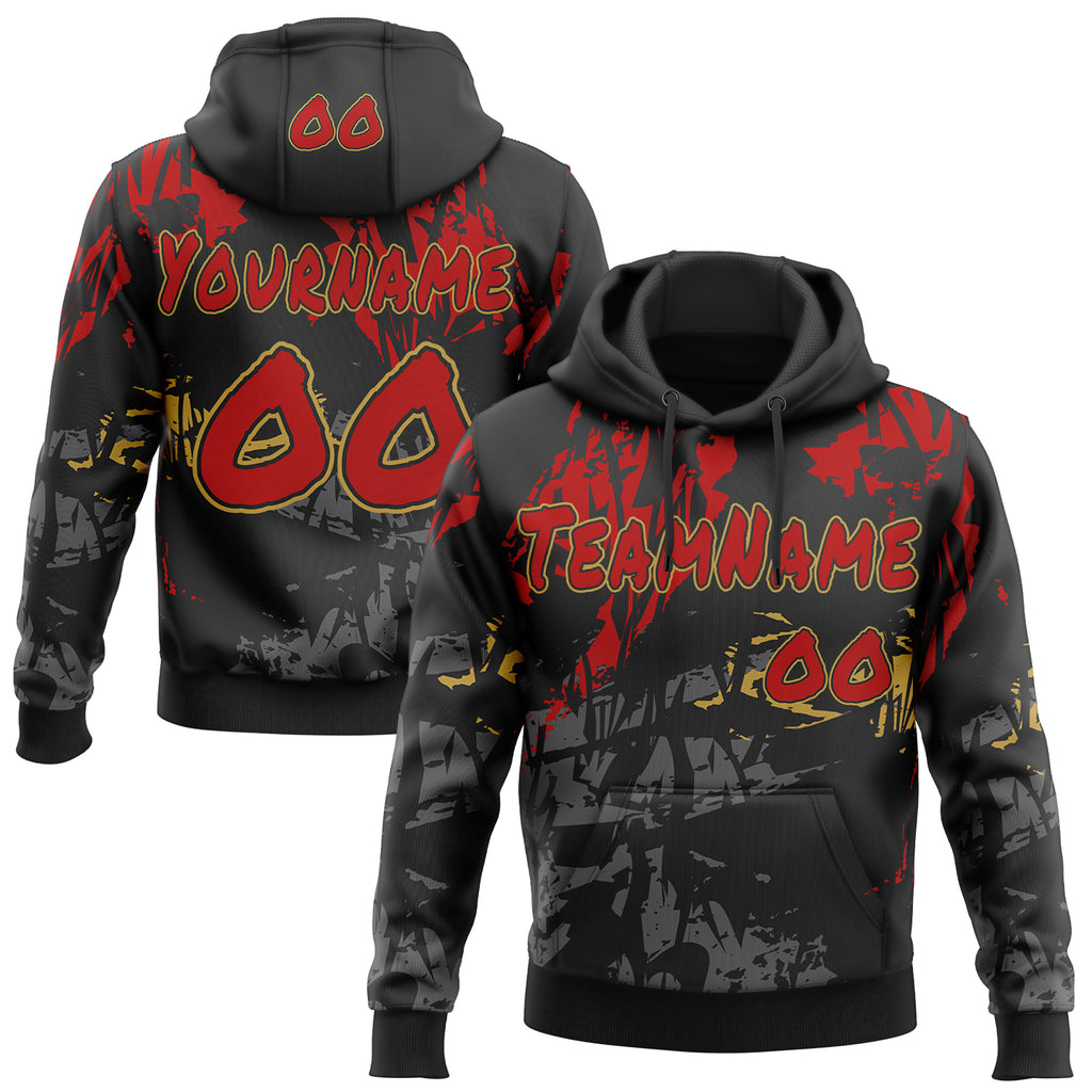 Custom Graffiti Pattern Red Black-Old Gold Geometric Scratch Splatter Pullover Sweatshirt Hoodie