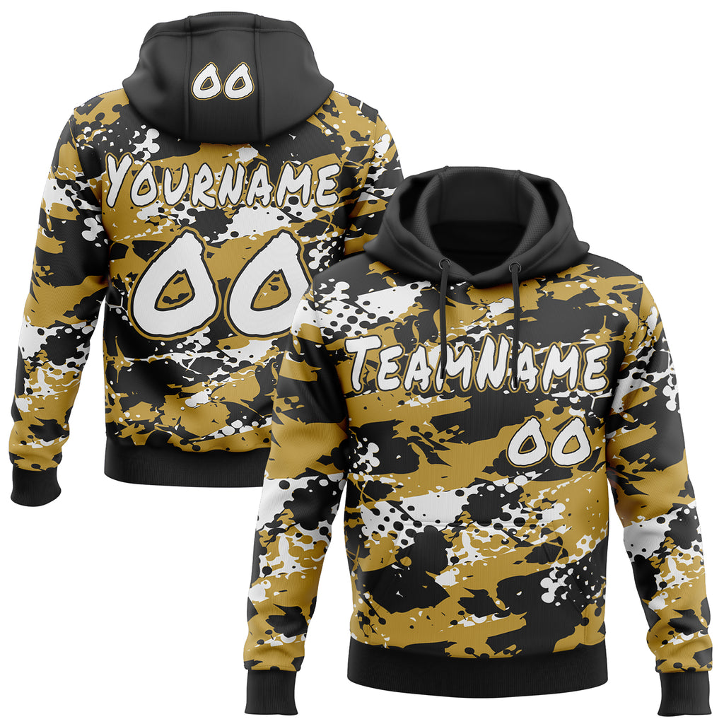 Custom Graffiti Pattern White Old Gold-Black Paint Splatter Halftone Dots Pullover Sweatshirt Hoodie