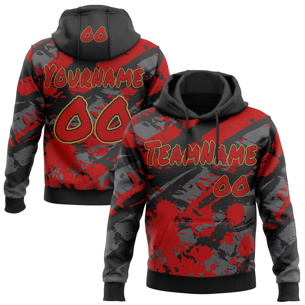 Custom Graffiti Pattern Red Black-Old Gold Brush Stroke Splatter Pullover Sweatshirt Hoodie