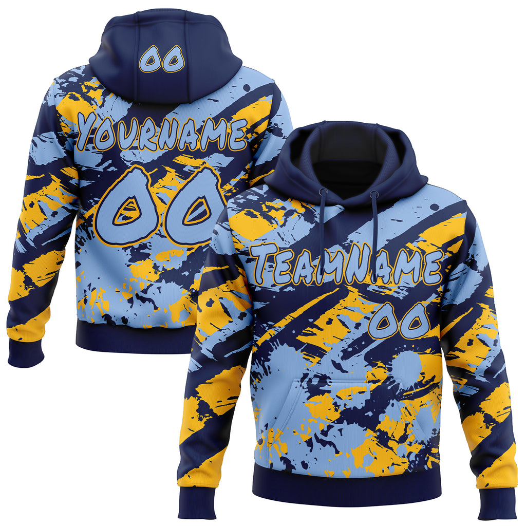 Custom Graffiti Pattern Light Blue Navy-Gold Brush Stroke Splatter Pullover Sweatshirt Hoodie