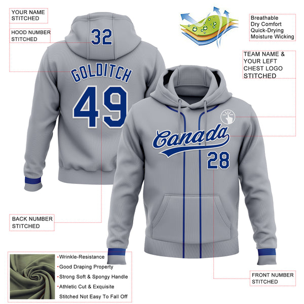 Custom Stitched Gray Royal-White Baseball Pullover Sweatshirt Hoodie