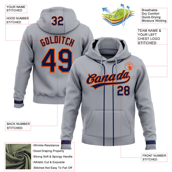 Custom Stitched Gray Navy-Orange Baseball Pullover Sweatshirt Hoodie