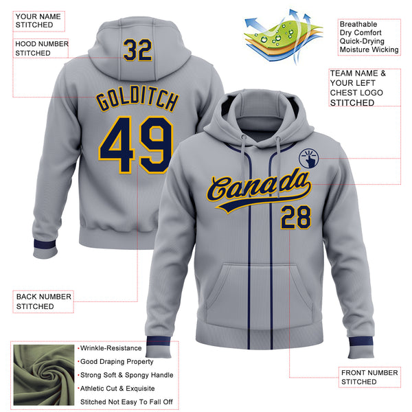 Custom Stitched Gray Navy-Gold Baseball Pullover Sweatshirt Hoodie