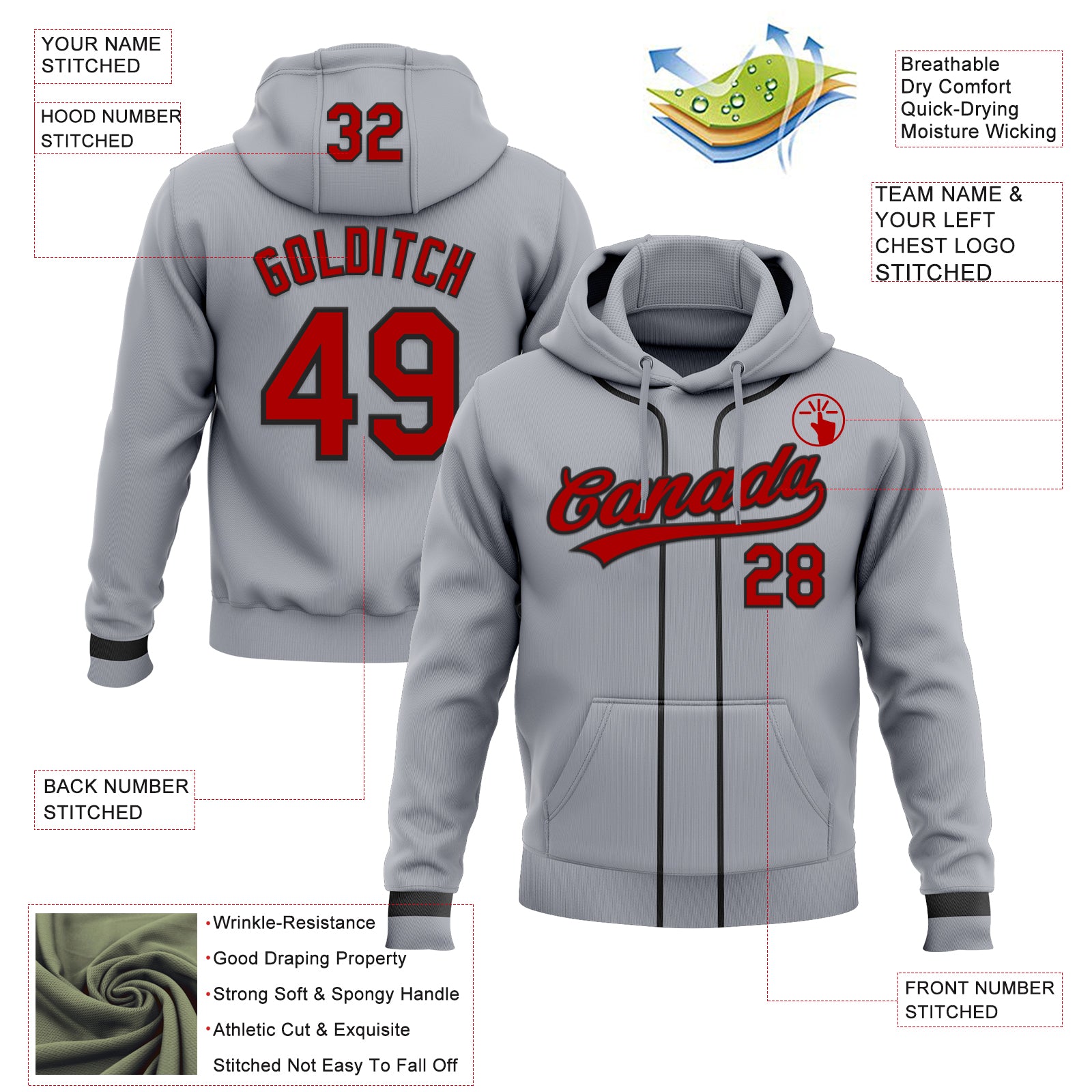 Custom Stitched Gray Red-Black Baseball Pullover Sweatshirt Hoodie