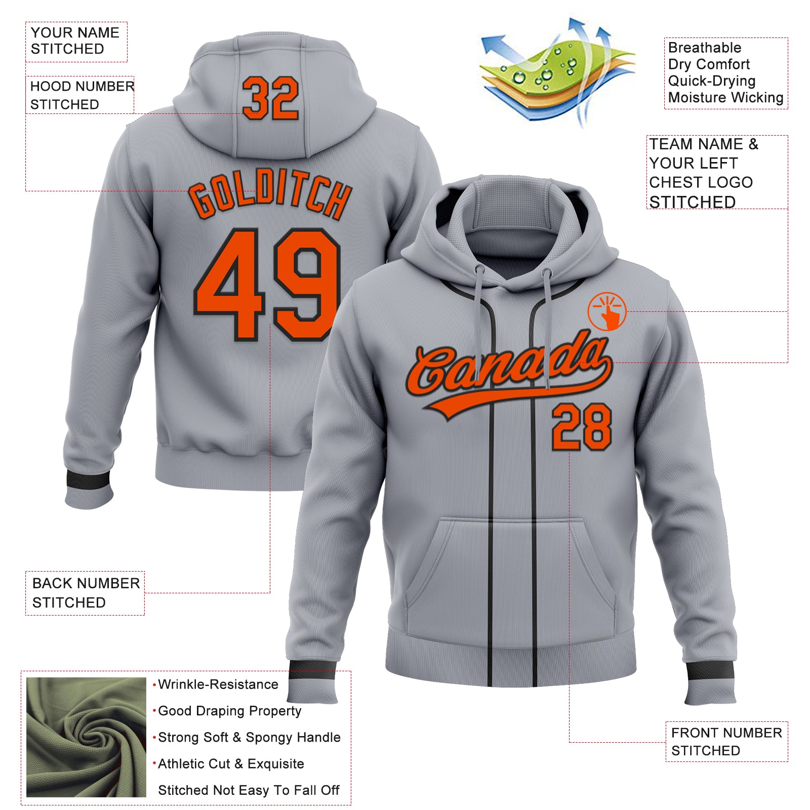 Custom Stitched Gray Orange-Black Baseball Pullover Sweatshirt Hoodie