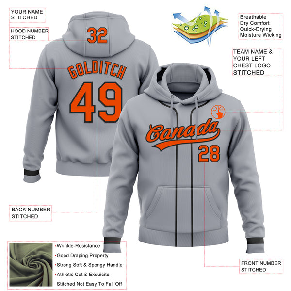 Custom Stitched Gray Orange-Black Baseball Pullover Sweatshirt Hoodie