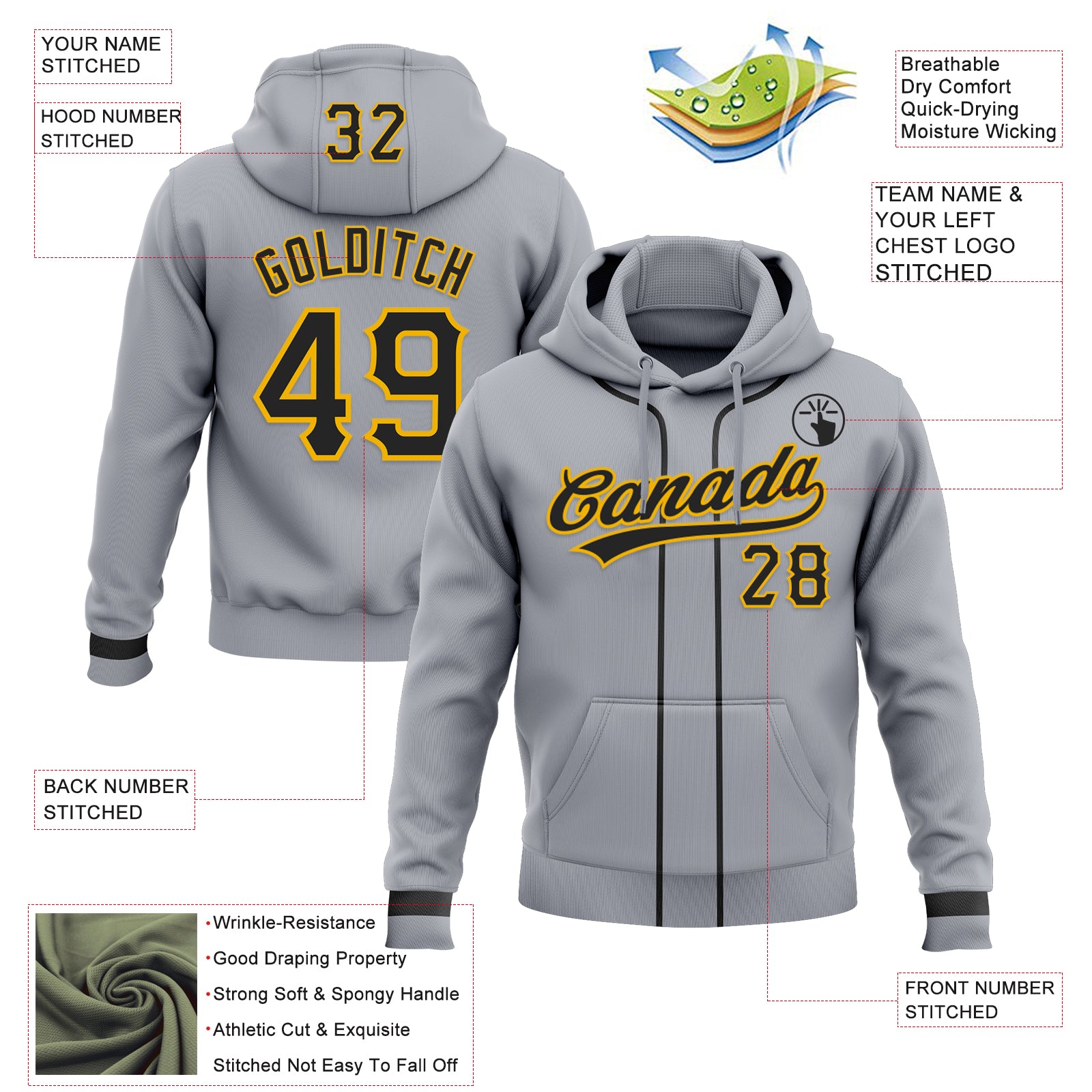 Custom Stitched Gray Black-Gold Baseball Pullover Sweatshirt Hoodie