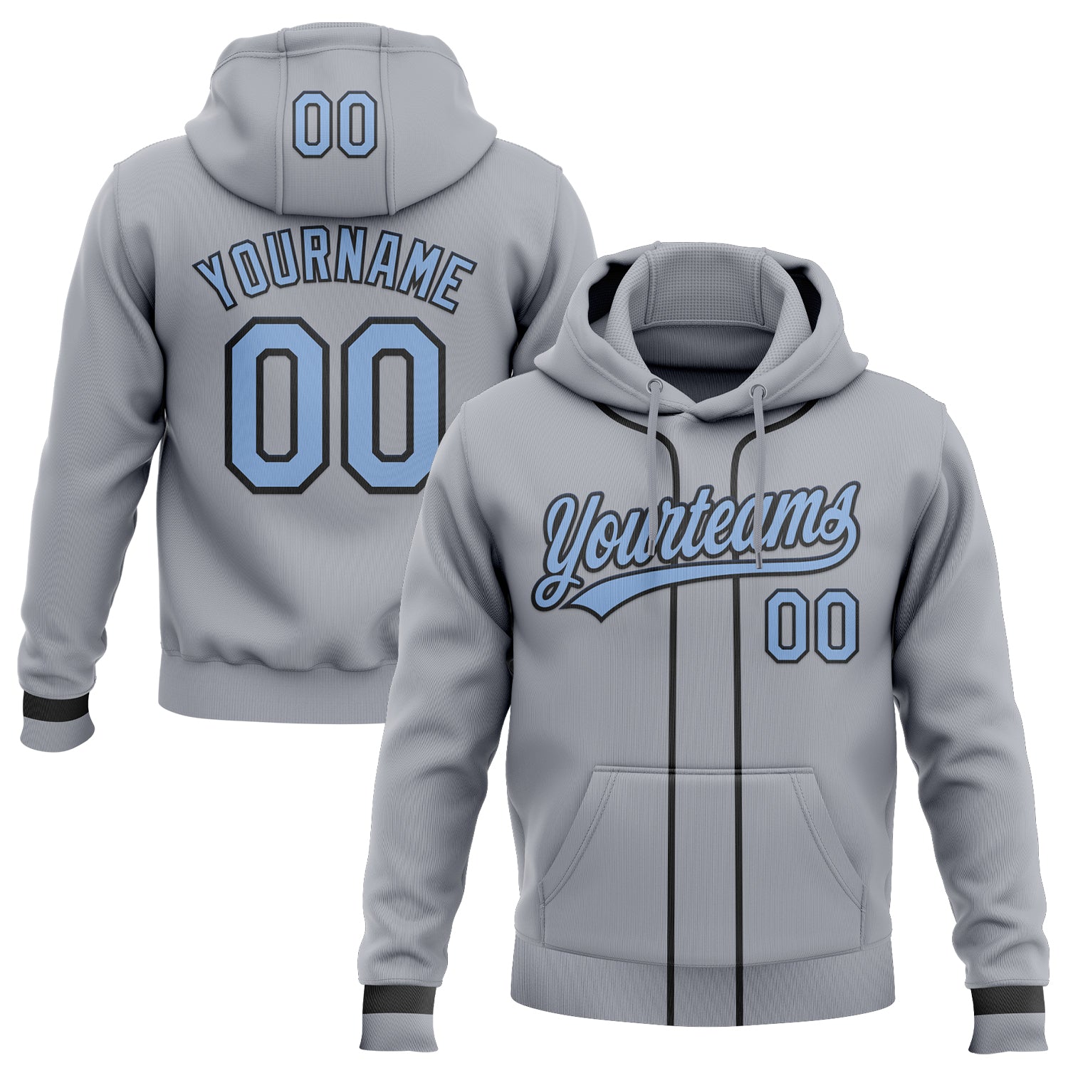 Custom Stitched Gray Light Blue-Black Baseball Pullover Sweatshirt Hoodie
