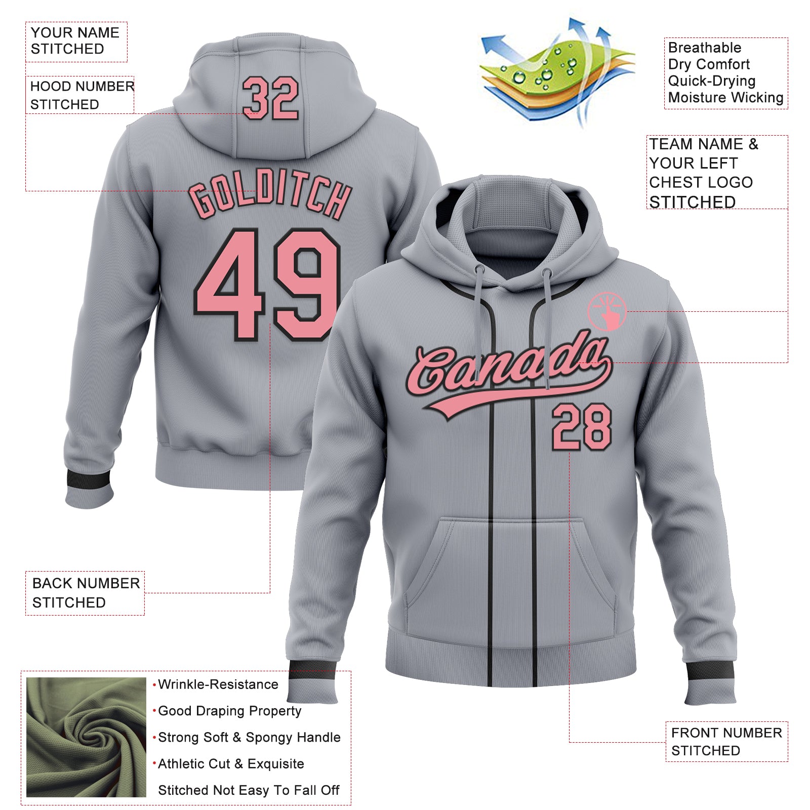 Custom Stitched Gray Medium Pink-Black Baseball Pullover Sweatshirt Hoodie