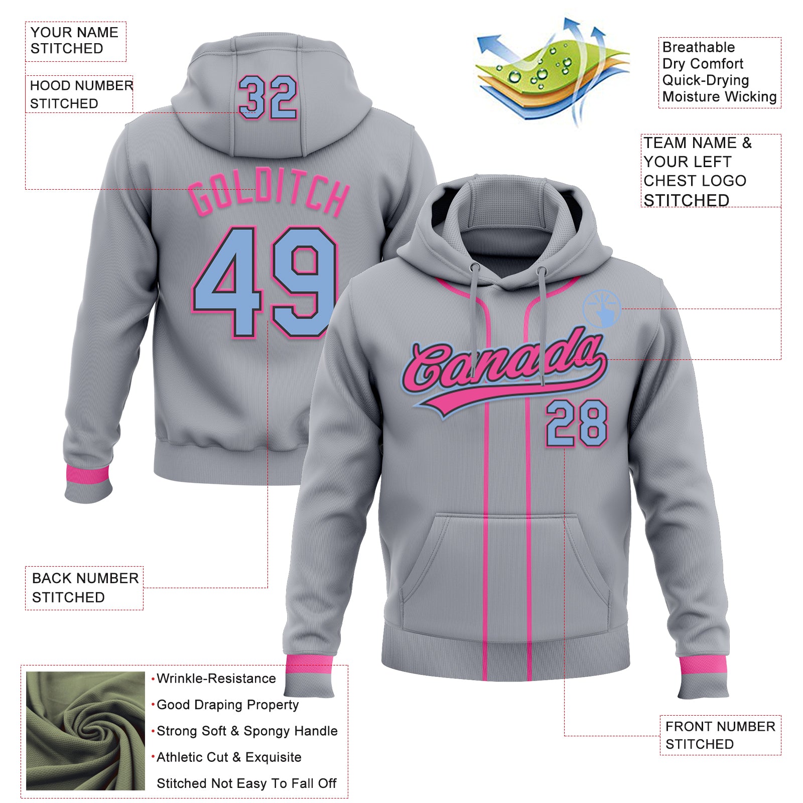 Custom Stitched Gray Light Blue Pink-Black Baseball Pullover Sweatshirt Hoodie
