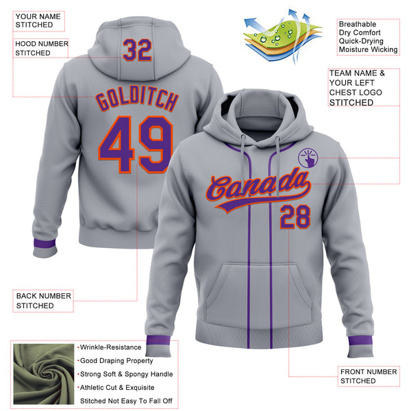 Custom Stitched Gray Purple-Orange Baseball Pullover Sweatshirt Hoodie
