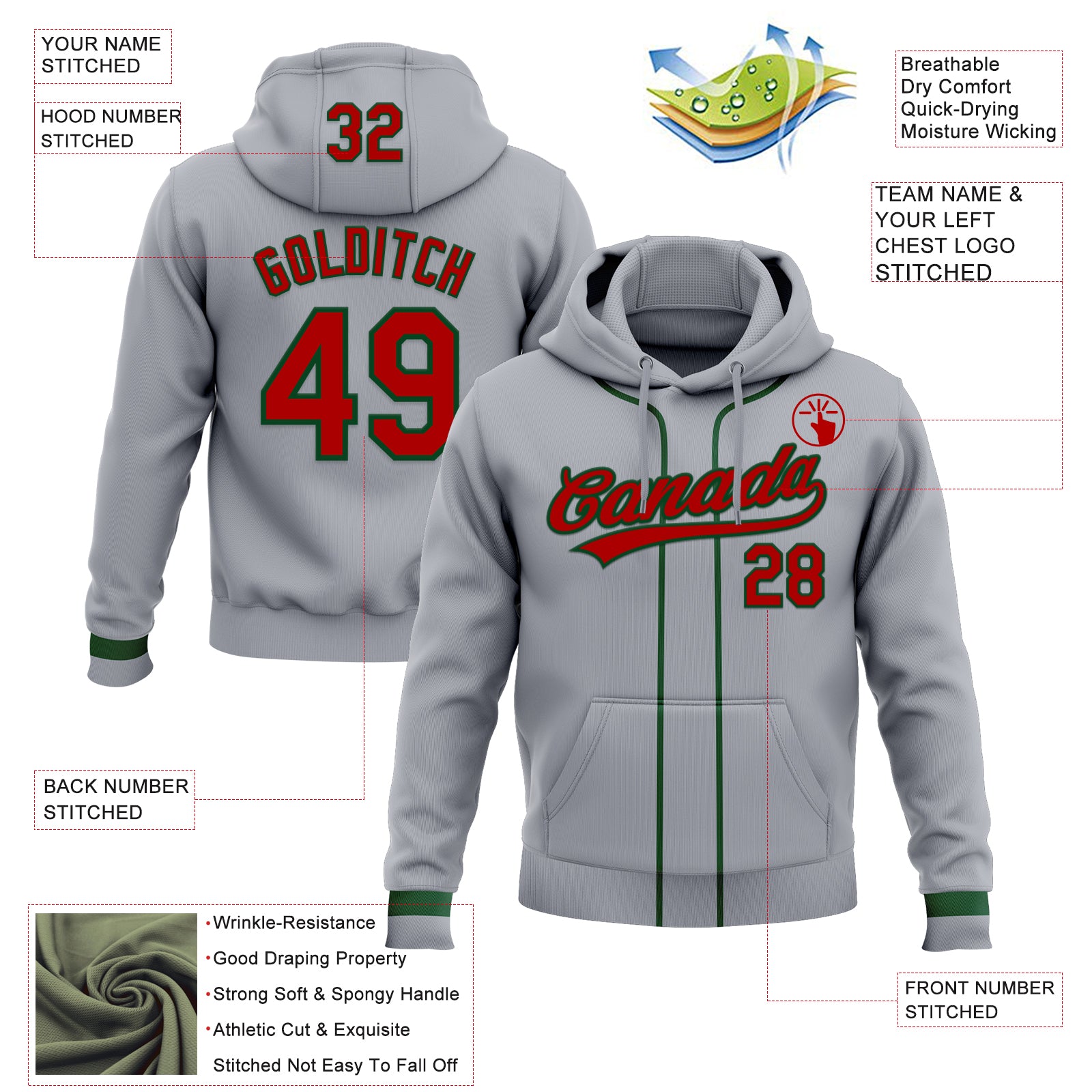 Custom Stitched Gray Red-Green Baseball Pullover Sweatshirt Hoodie