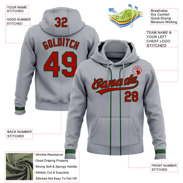 Custom Stitched Gray Red-Green Baseball Pullover Sweatshirt Hoodie