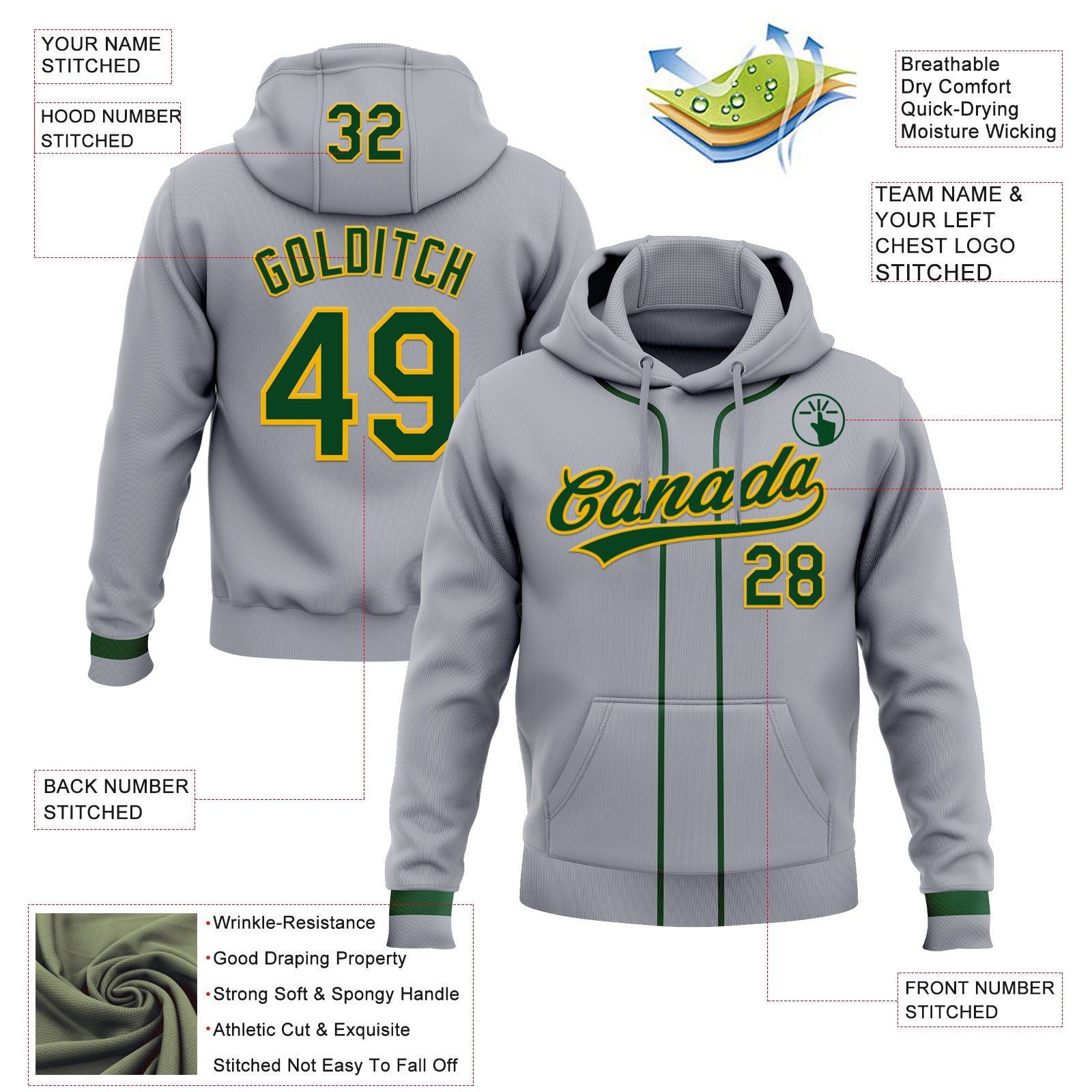 Custom Stitched Gray Green-Gold Baseball Pullover Sweatshirt Hoodie