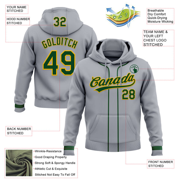 Custom Stitched Gray Green-Gold Baseball Pullover Sweatshirt Hoodie