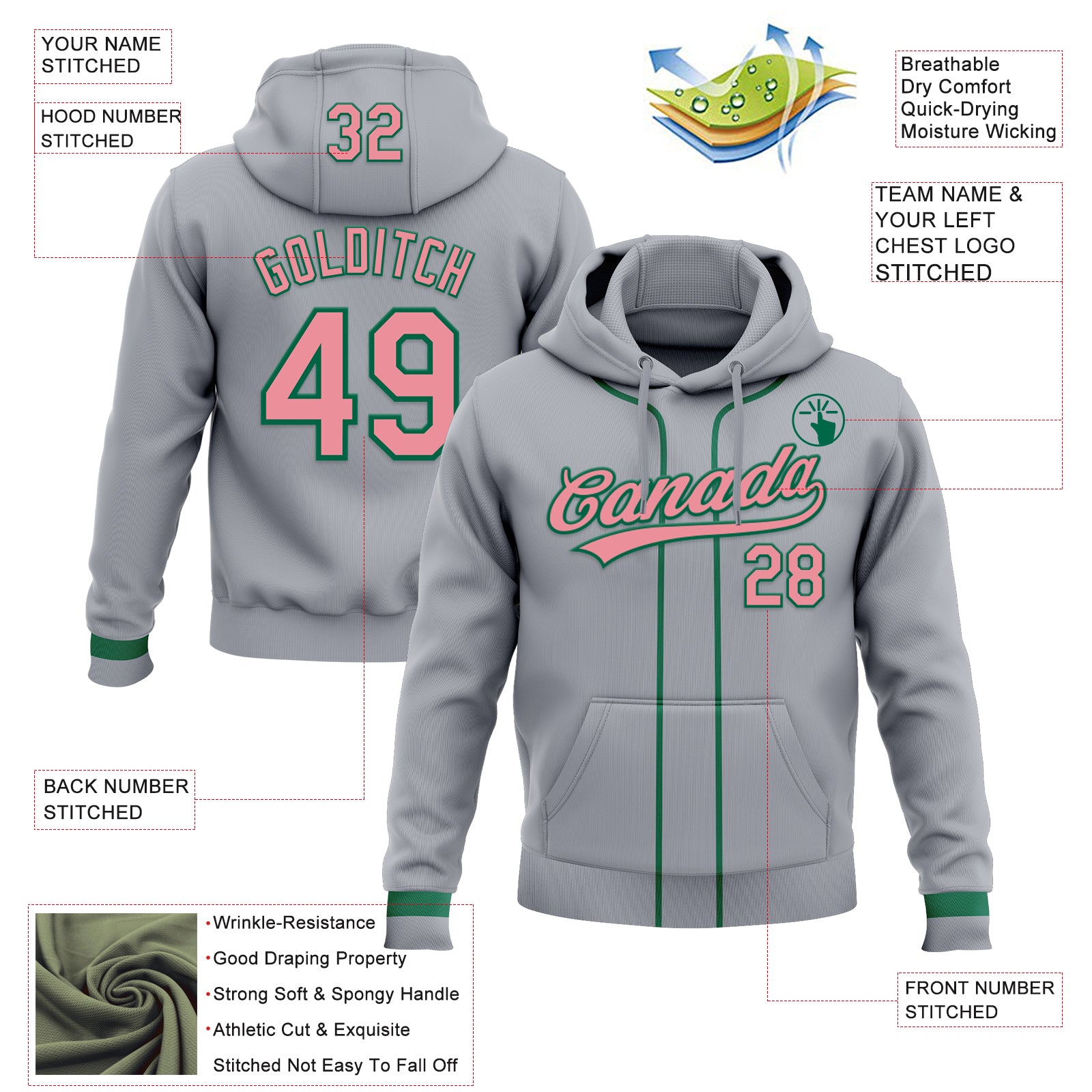 Custom Stitched Gray Medium Pink-Kelly Green Baseball Pullover Sweatshirt Hoodie