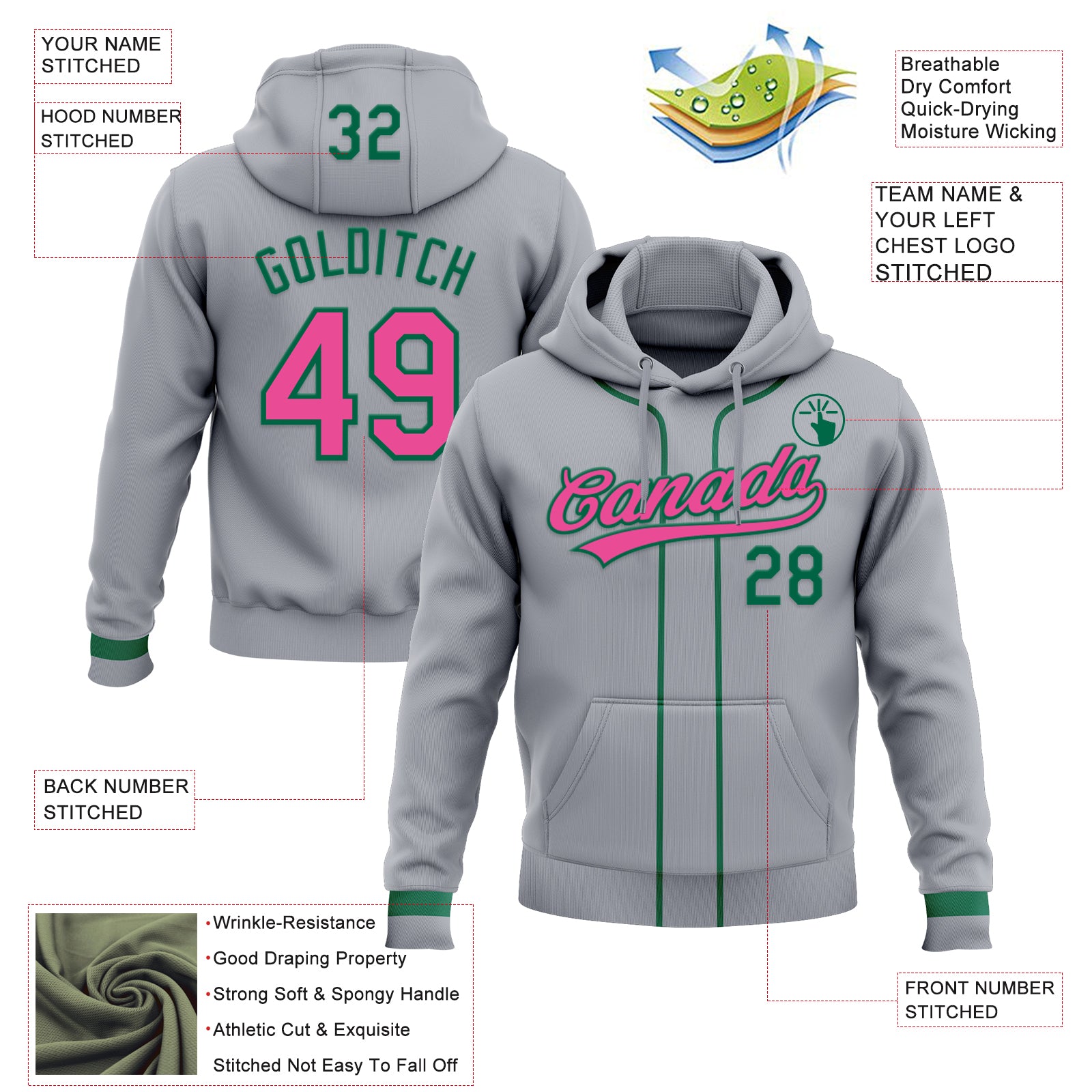 Custom Stitched Gray Pink-Kelly Green Baseball Pullover Sweatshirt Hoodie