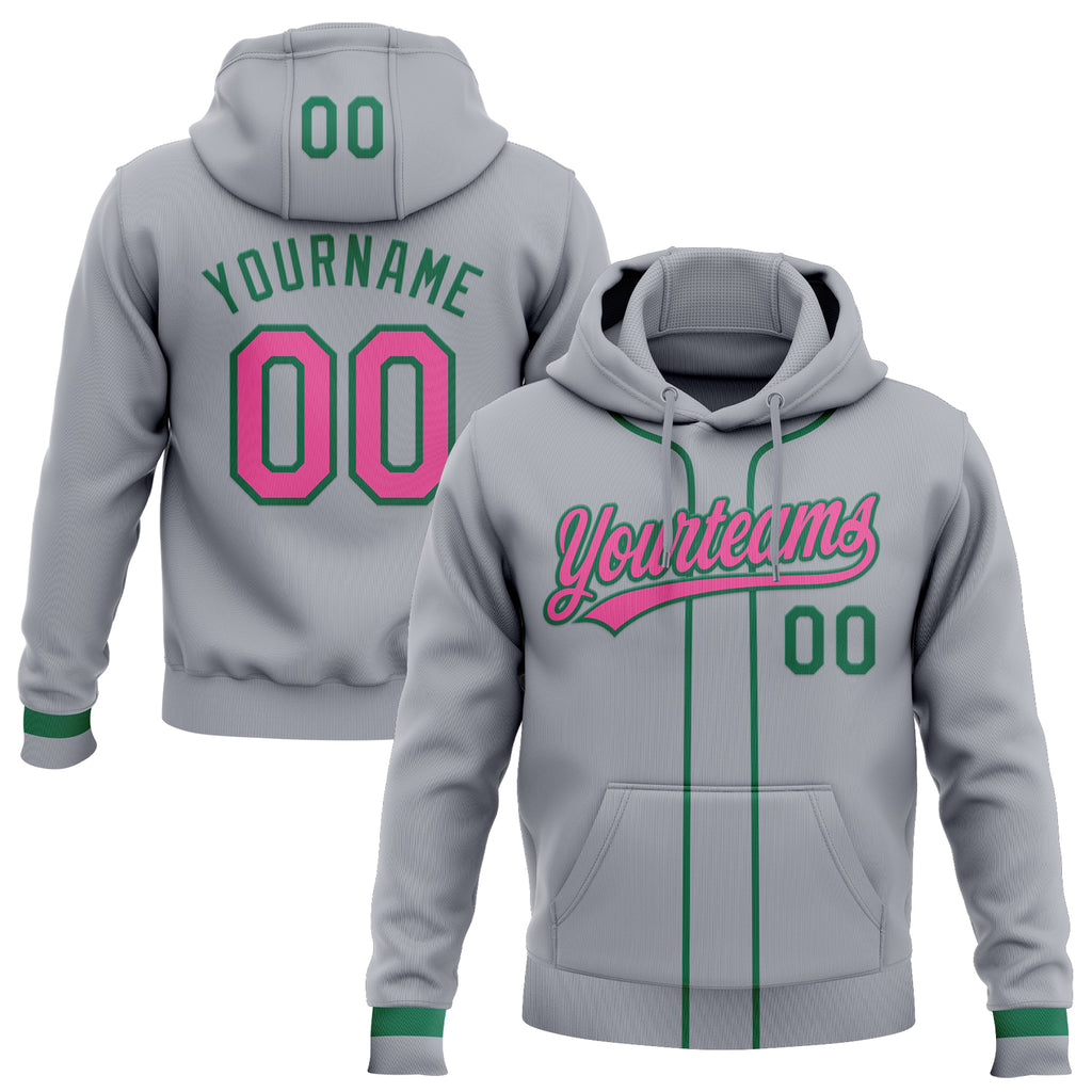 Custom Stitched Gray Pink-Kelly Green Baseball Pullover Sweatshirt Hoodie