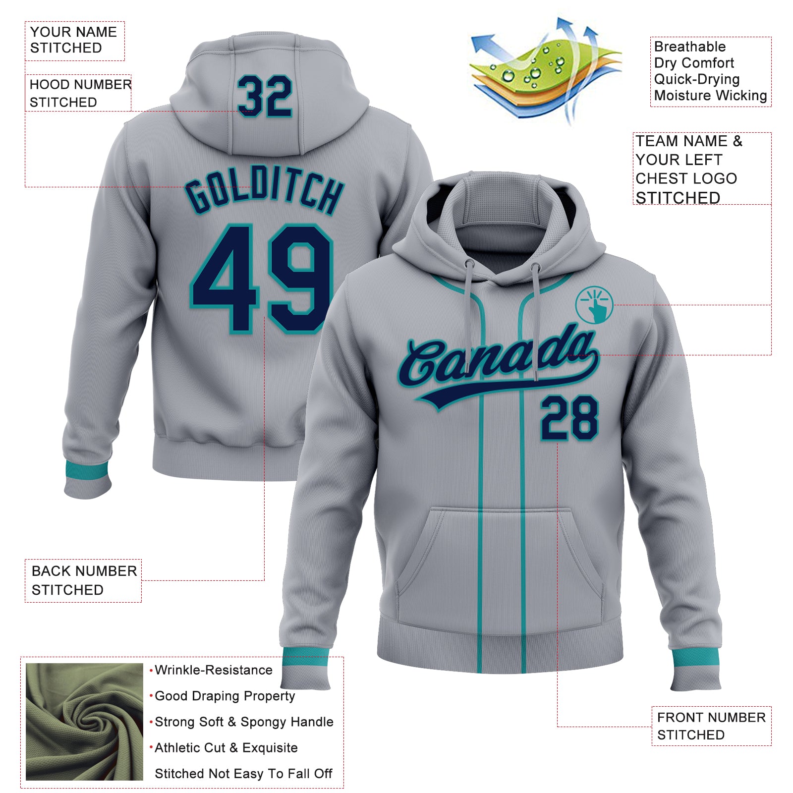 Custom Stitched Gray Navy-Teal Baseball Pullover Sweatshirt Hoodie