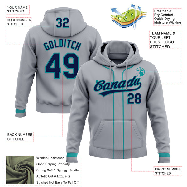 Custom Stitched Gray Navy-Teal Baseball Pullover Sweatshirt Hoodie