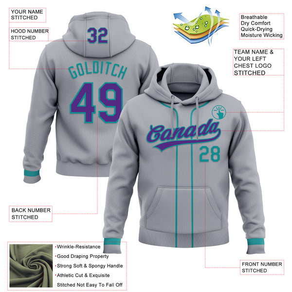 Custom Stitched Gray Purple-Teal Baseball Pullover Sweatshirt Hoodie