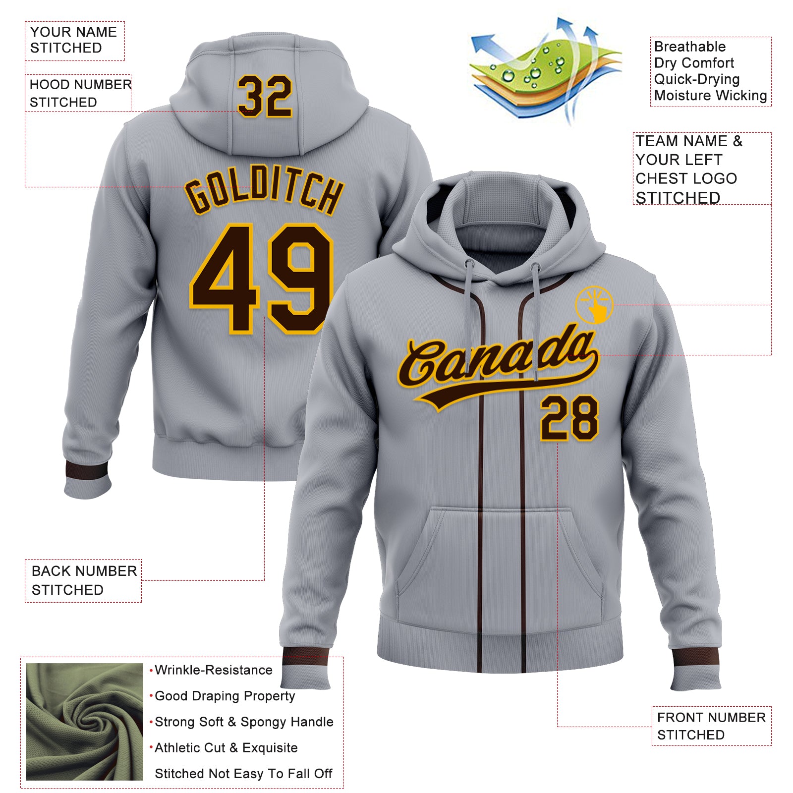 Custom Stitched Gray Brown-Gold Baseball Pullover Sweatshirt Hoodie