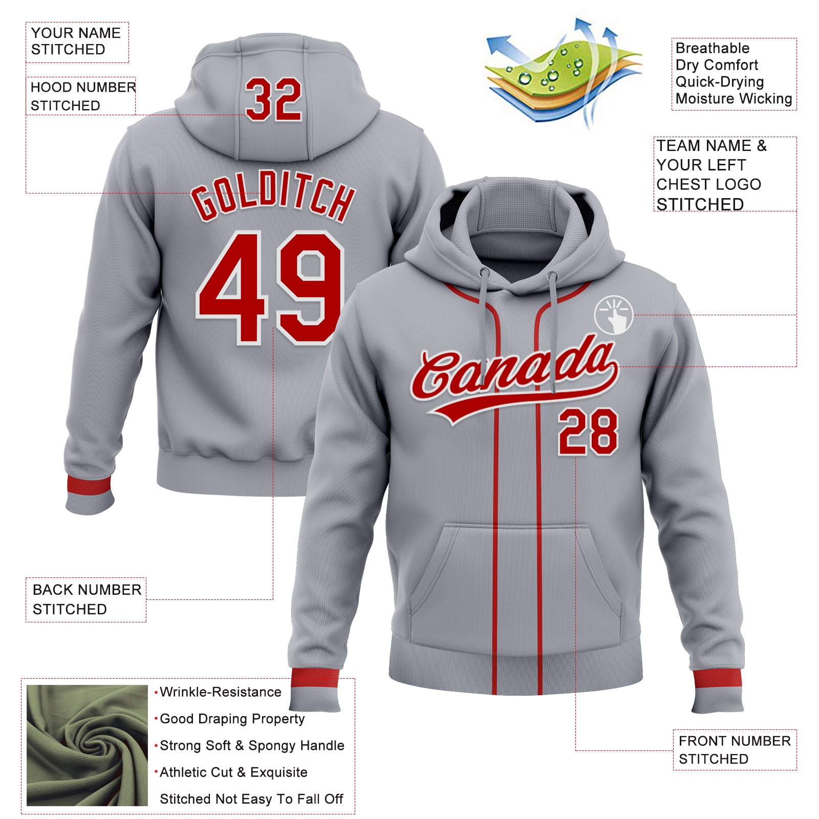 Custom Stitched Gray Red-White Baseball Pullover Sweatshirt Hoodie