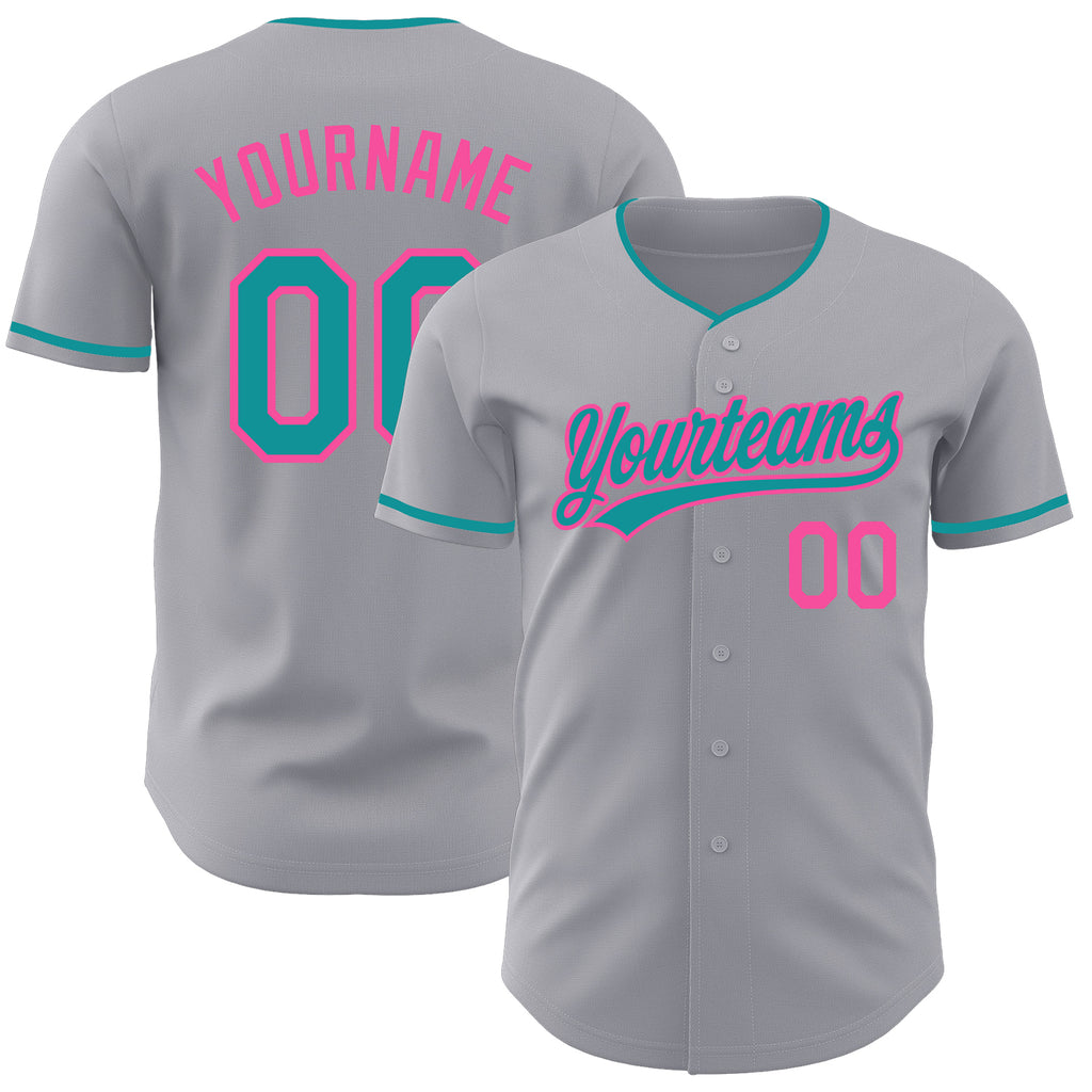 Custom Gray Teal-Pink Authentic Baseball Jersey