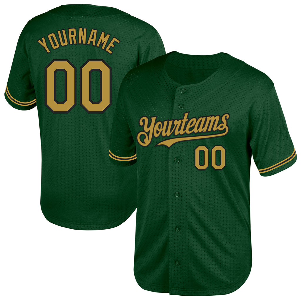 Custom Green Old Gold-Black Mesh Authentic Throwback Baseball Jersey