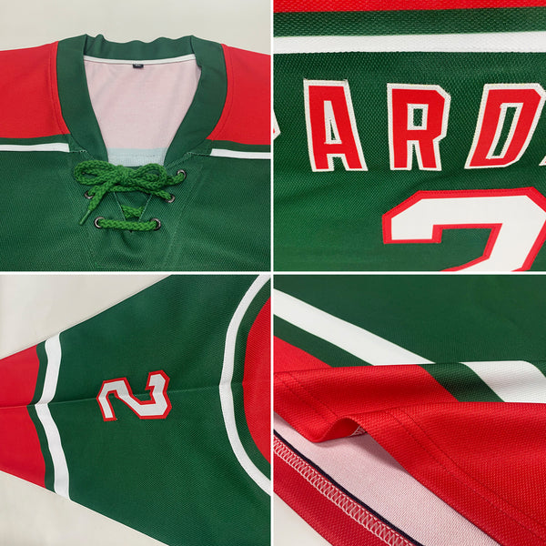 Custom Green White-Red Hockey Lace Neck Jersey