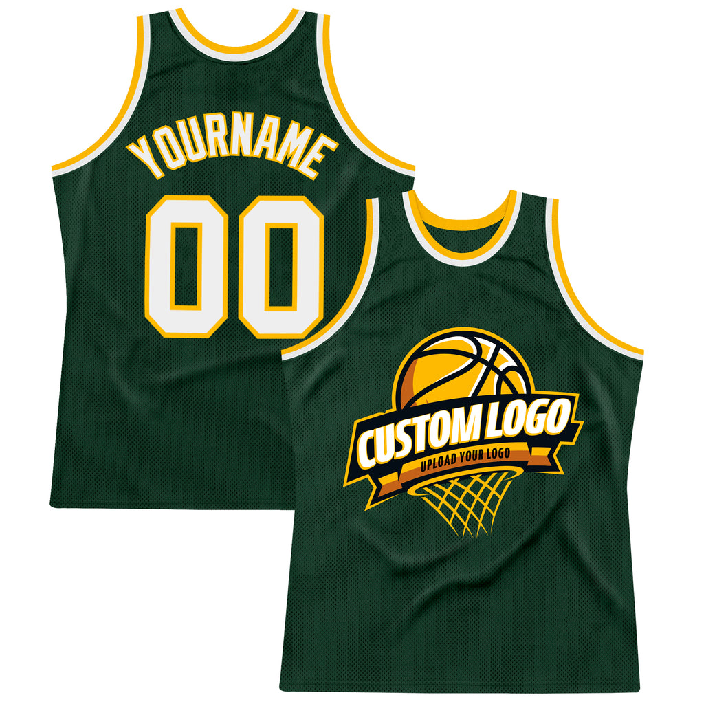 Custom Hunter Green White-Gold Authentic Throwback Basketball Jersey