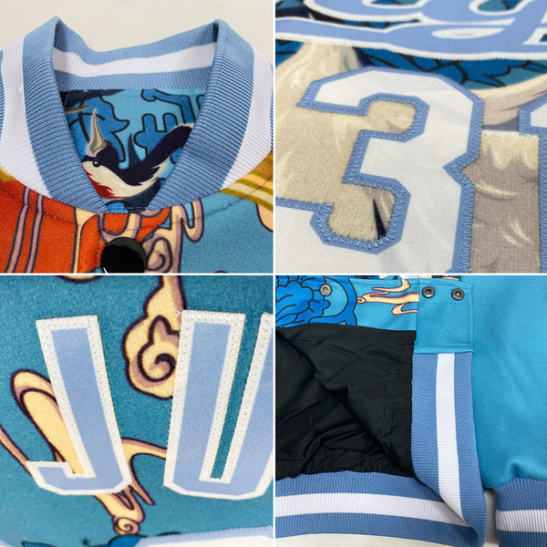 Custom Light Blue White Heron And Cloud 3D Pattern Design Bomber Full-Snap Varsity Letterman Jacket