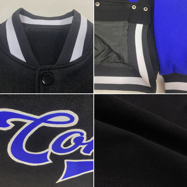 Custom Black Royal-White Bomber Full-Snap Varsity Letterman Two Tone Jacket