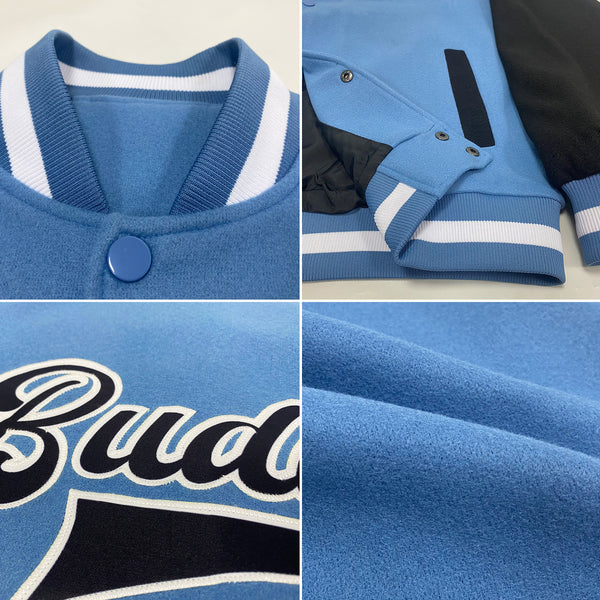 Custom Light Blue Black-White Bomber Full-Snap Varsity Letterman Two Tone Jacket