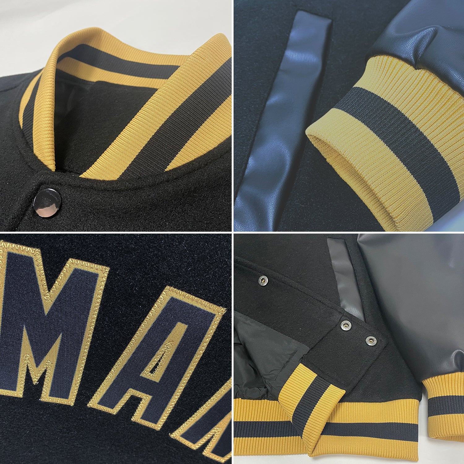 Custom Black Black-Old Gold Bomber Full-Snap Varsity Letterman Jacket