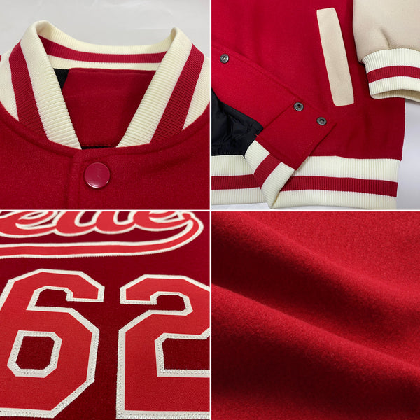 Custom Red Red-Cream Bomber Full-Snap Varsity Letterman Two Tone Jacket