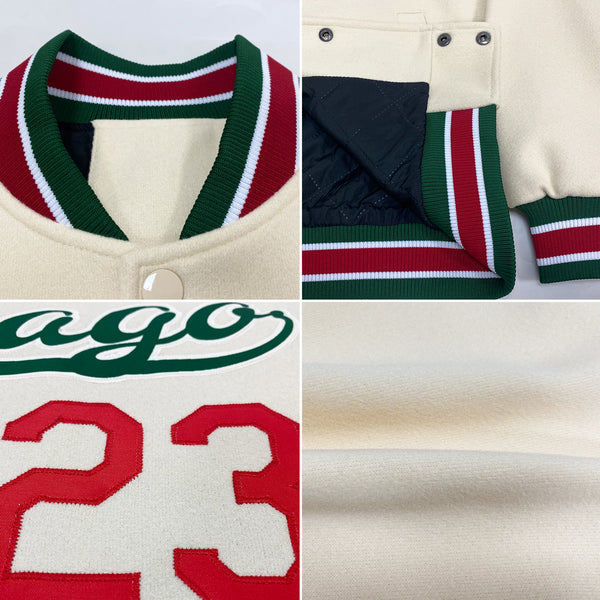 Custom Cream Kelly Green-Red Bomber Full-Snap Varsity Letterman Jacket