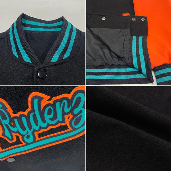 Custom Black Orange-Teal Bomber Full-Snap Varsity Letterman Two Tone Jacket