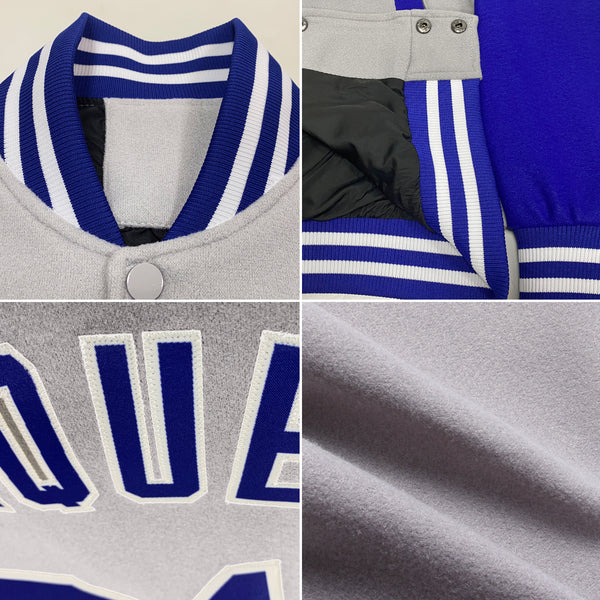 Custom Gray Royal-White Bomber Full-Snap Varsity Letterman Two Tone Jacket