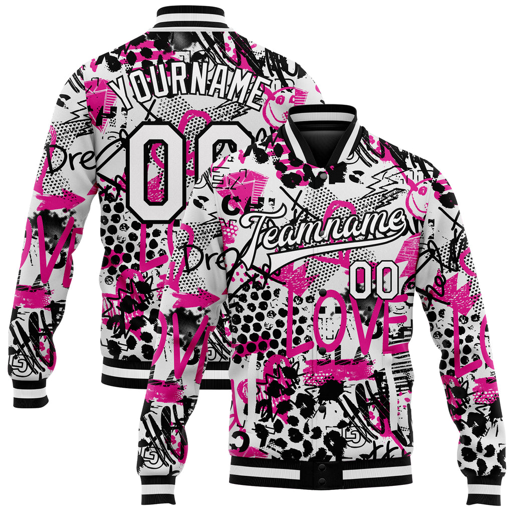 Custom Graffiti Pattern White-Black Scratch 3D Bomber Full-Snap Varsity Letterman Jacket