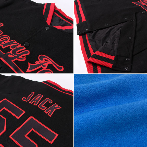 Custom Electric Blue Red-Black Bomber Full-Snap Varsity Letterman Jacket