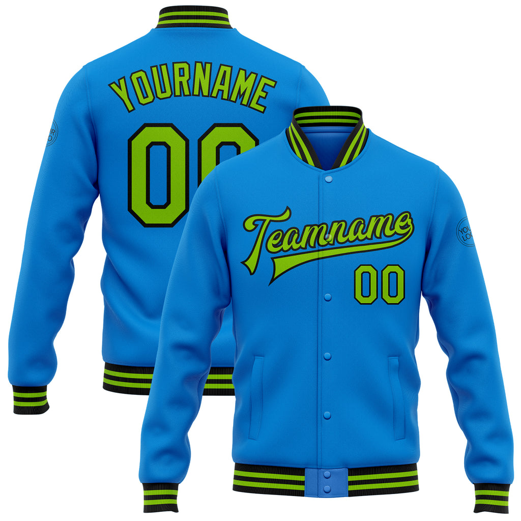 Custom Electric Blue Neon Green-Black Bomber Full-Snap Varsity Letterman Jacket